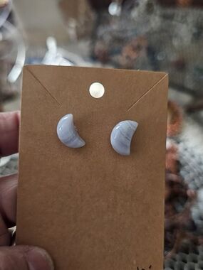 Crescent Moon Blue Lace Agate Stud Earrings - Blue Handmade